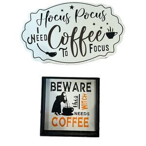 Halloween Wood Block Sign Set Coffee Hocus Pocus Witches Fun Gift Funny